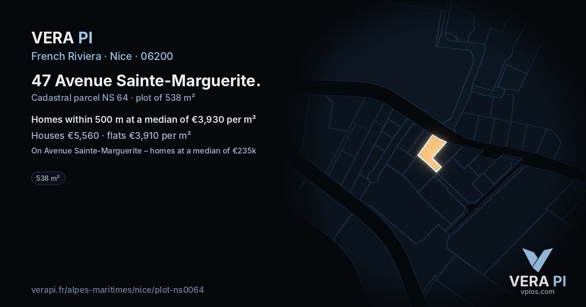 47 Avenue Sainte-Marguerite, Nice at night – the plot lit, the parcels around coloured by the prices near them