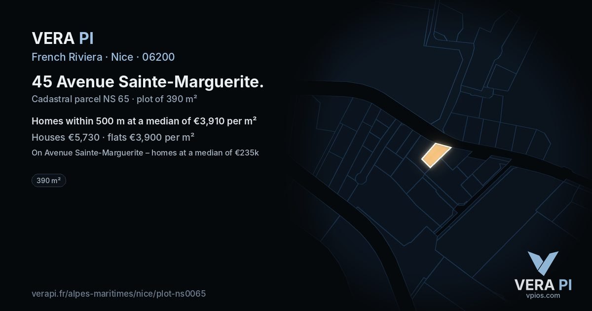 45 Avenue Sainte-Marguerite, Nice at night – the plot lit, the parcels around coloured by the prices near them