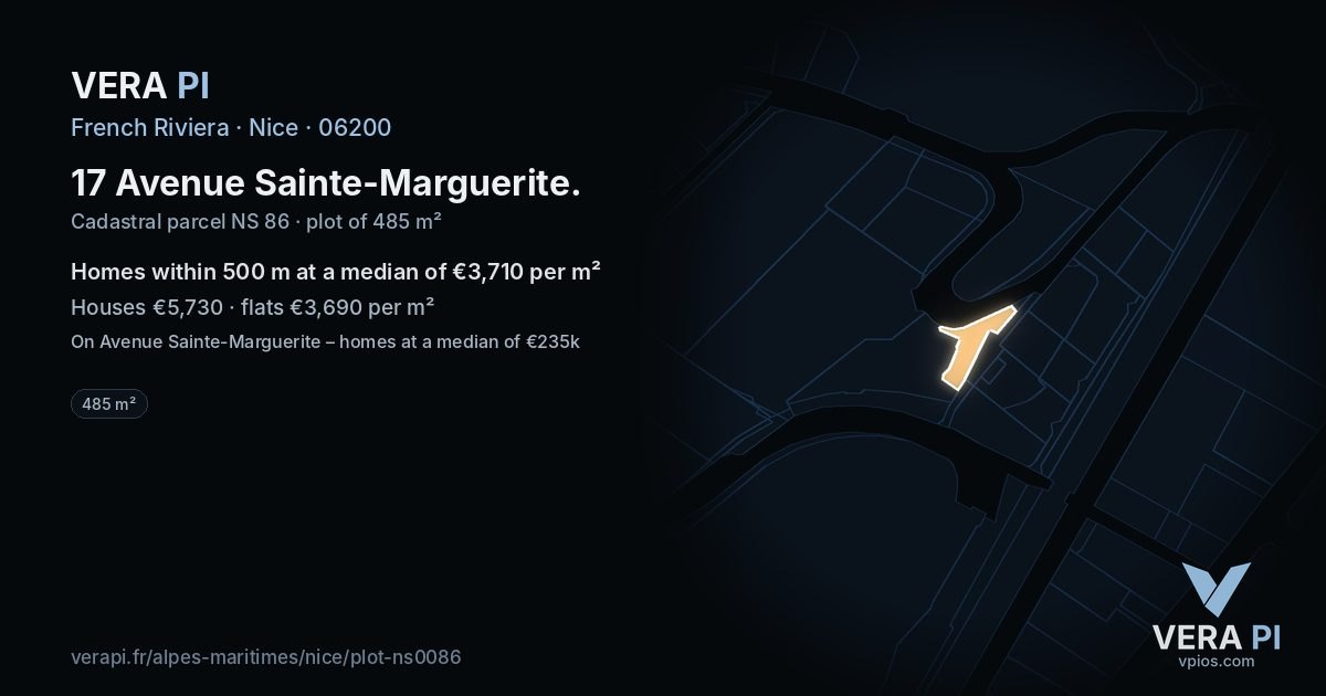 17 Avenue Sainte-Marguerite, Nice at night – the plot lit, the parcels around coloured by the prices near them