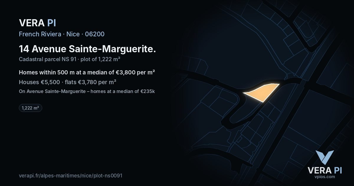 14 Avenue Sainte-Marguerite, Nice at night – the plot lit, the parcels around coloured by the prices near them