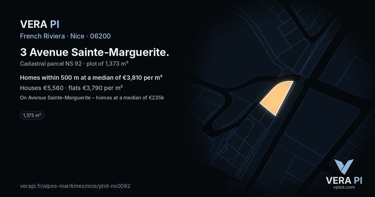 3 Avenue Sainte-Marguerite, Nice at night – the plot lit, the parcels around coloured by the prices near them