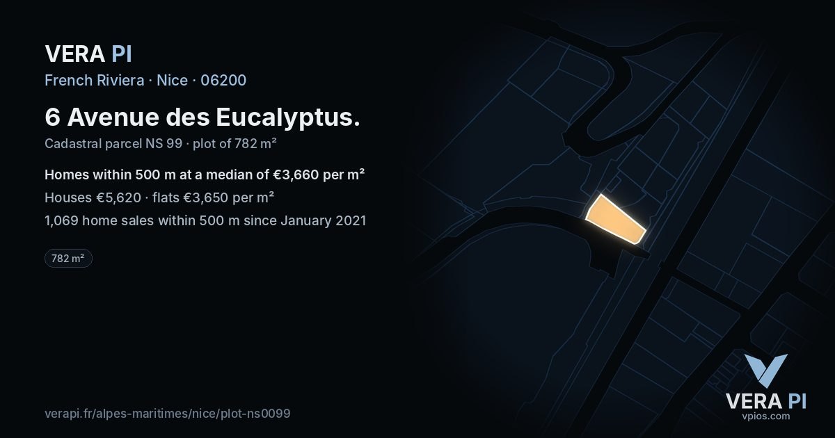 6 Avenue des Eucalyptus, Nice at night – the plot lit, the parcels around coloured by the prices near them