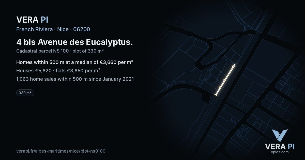 4 bis Avenue des Eucalyptus, Nice at night – the plot lit, the parcels around coloured by the prices near them