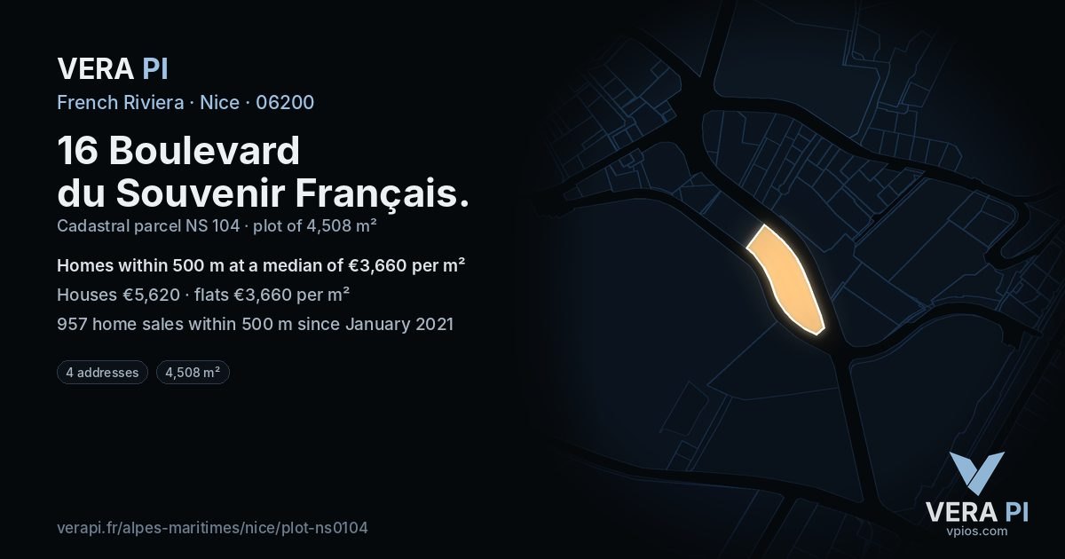 16 Boulevard du Souvenir Français, Nice at night – the plot lit, the parcels around coloured by the prices near them