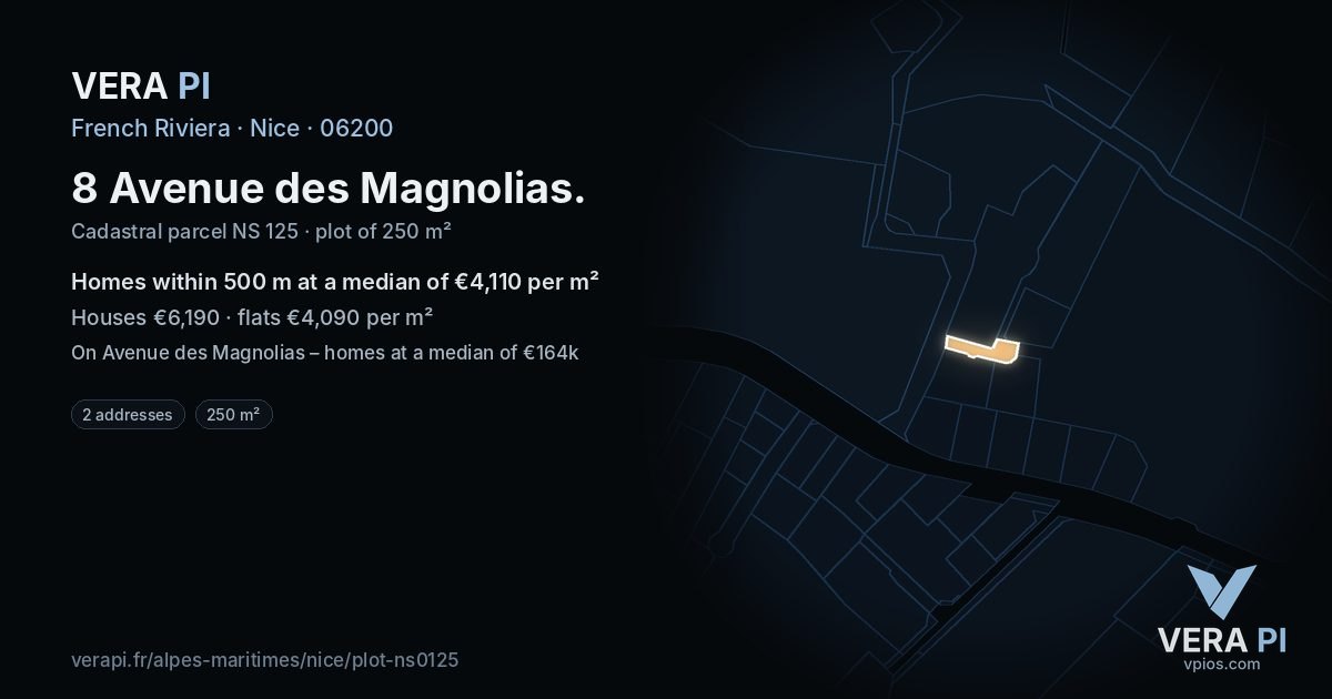 8 Avenue des Magnolias, Nice at night – the plot lit, the parcels around coloured by the prices near them