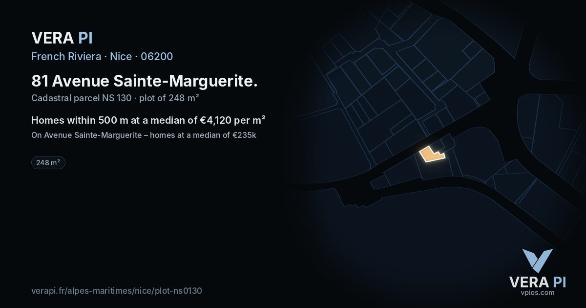 81 Avenue Sainte-Marguerite, Nice at night – the plot lit, the parcels around coloured by the prices near them
