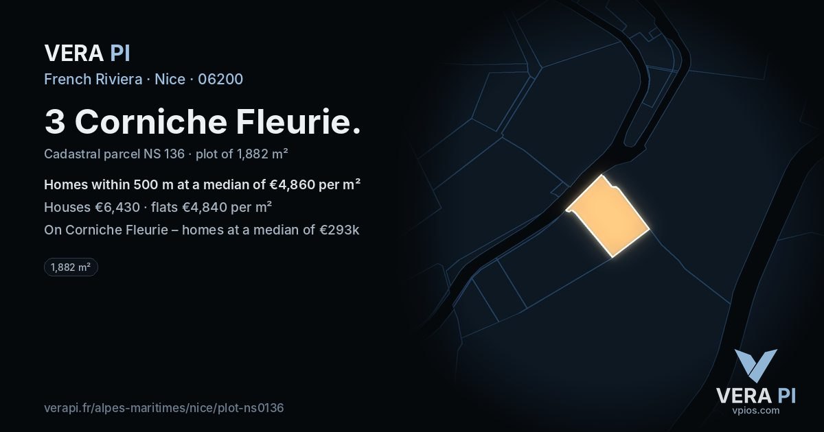 3 Corniche Fleurie, Nice at night – the plot lit, the parcels around coloured by the prices near them