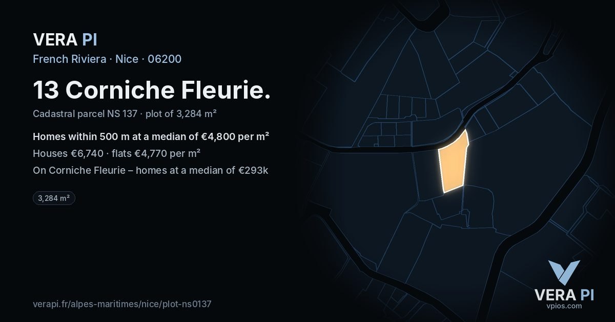 13 Corniche Fleurie, Nice at night – the plot lit, the parcels around coloured by the prices near them