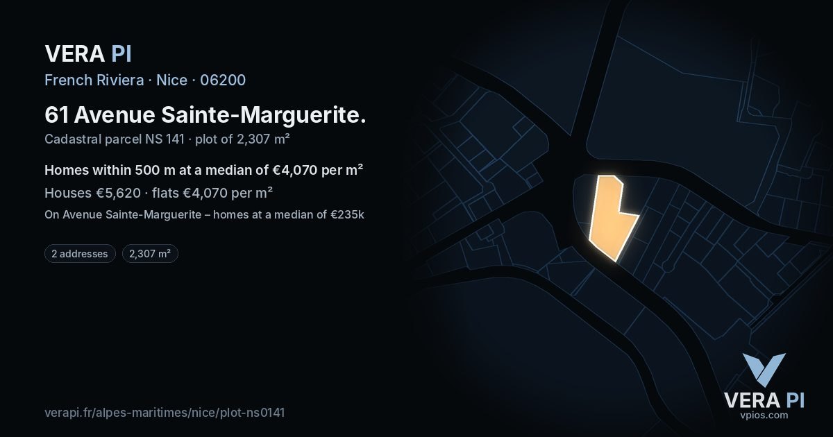 61 Avenue Sainte-Marguerite, Nice at night – the plot lit, the parcels around coloured by the prices near them