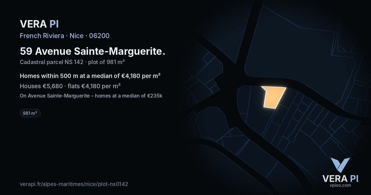 59 Avenue Sainte-Marguerite, Nice at night – the plot lit, the parcels around coloured by the prices near them