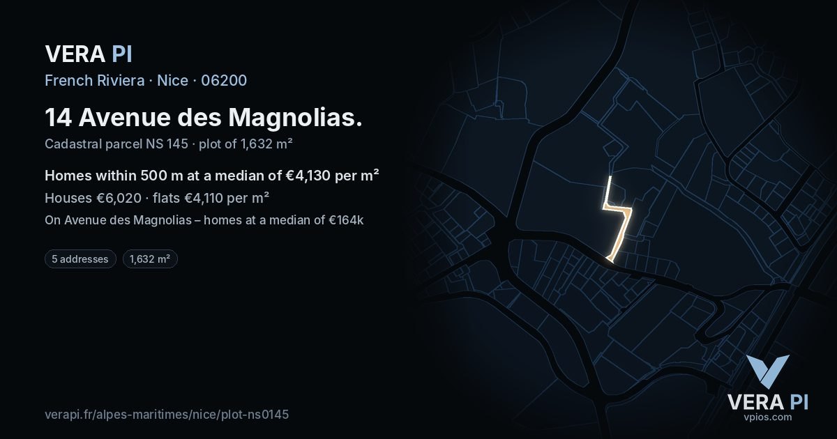 14 Avenue des Magnolias, Nice at night – the plot lit, the parcels around coloured by the prices near them