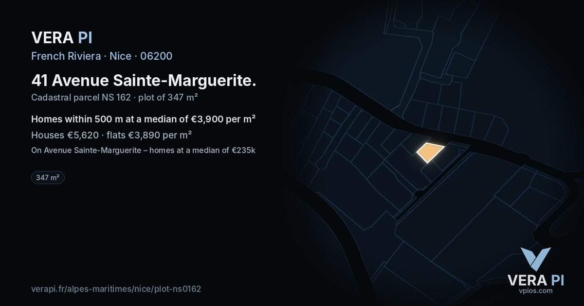 41 Avenue Sainte-Marguerite, Nice at night – the plot lit, the parcels around coloured by the prices near them