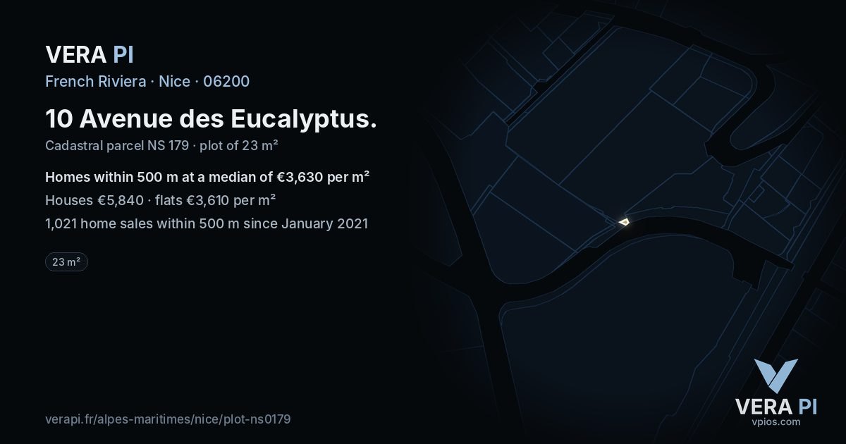 10 Avenue des Eucalyptus, Nice at night – the plot lit, the parcels around coloured by the prices near them