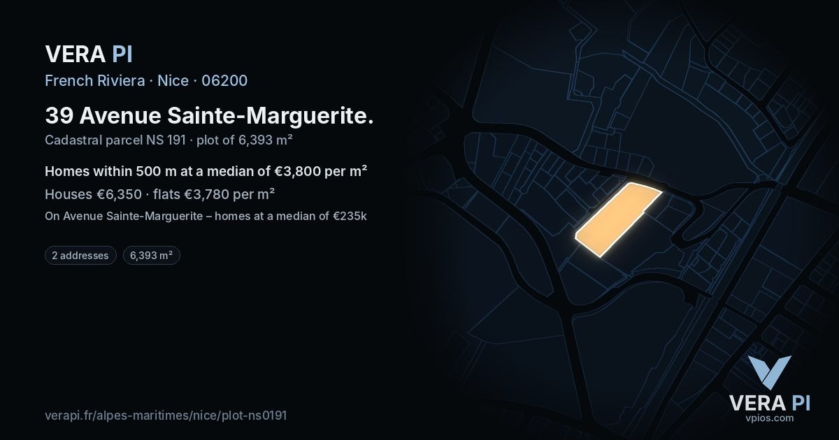 39 Avenue Sainte-Marguerite, Nice at night – the plot lit, the parcels around coloured by the prices near them