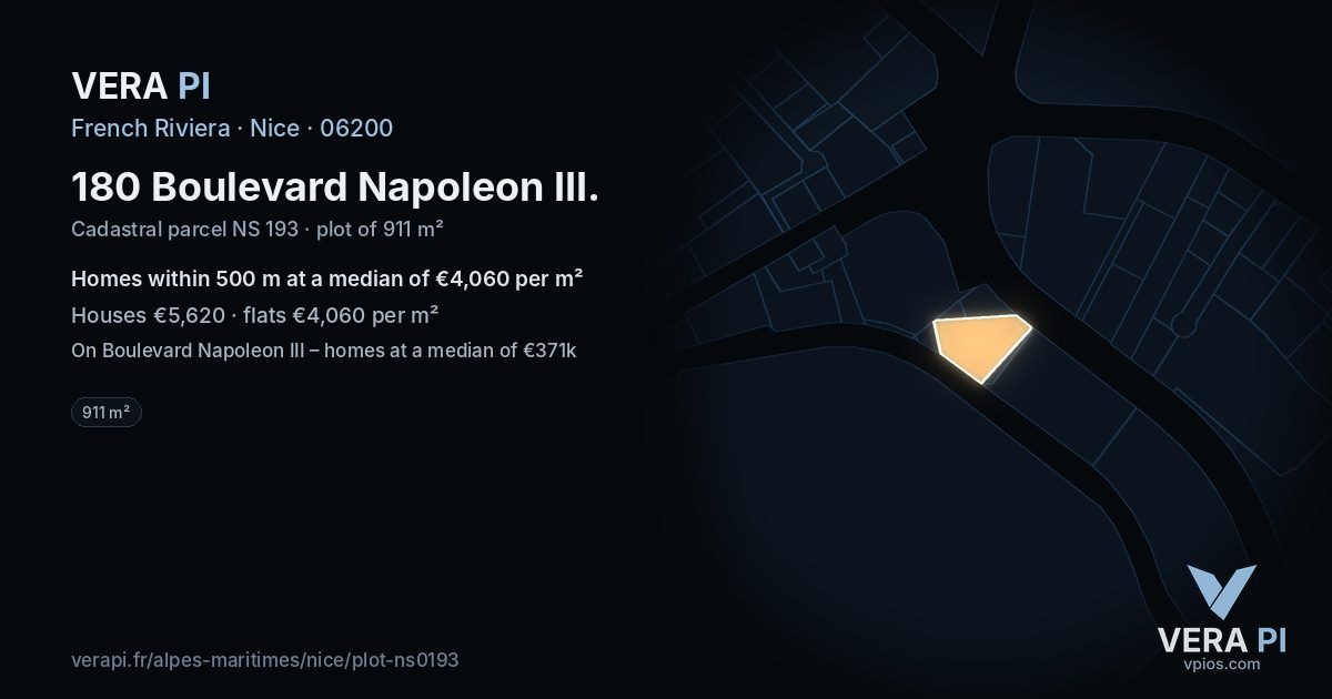 180 Boulevard Napoleon III, Nice at night – the plot lit, the parcels around coloured by the prices near them