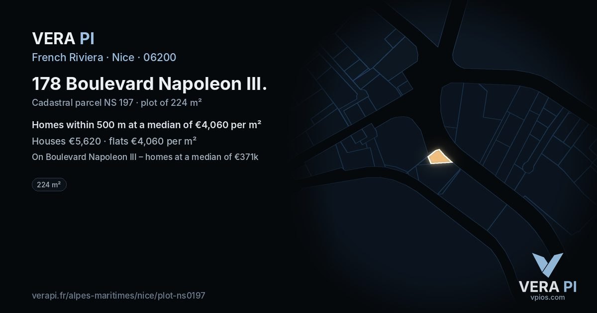 178 Boulevard Napoleon III, Nice at night – the plot lit, the parcels around coloured by the prices near them
