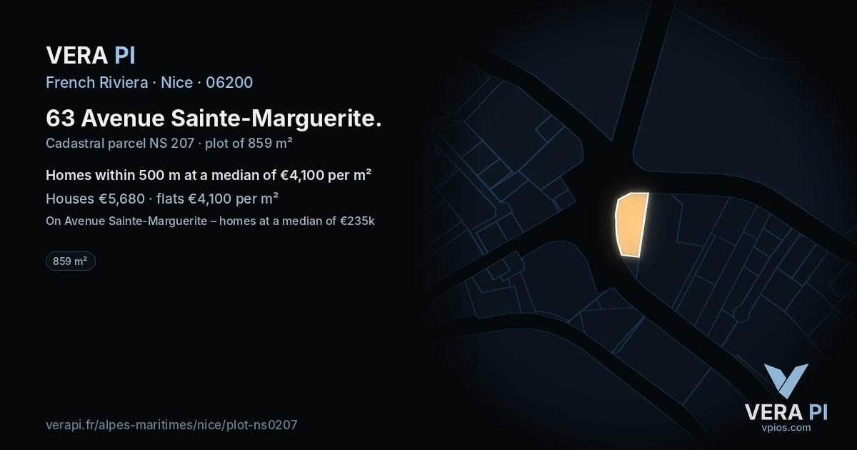 63 Avenue Sainte-Marguerite, Nice at night – the plot lit, the parcels around coloured by the prices near them