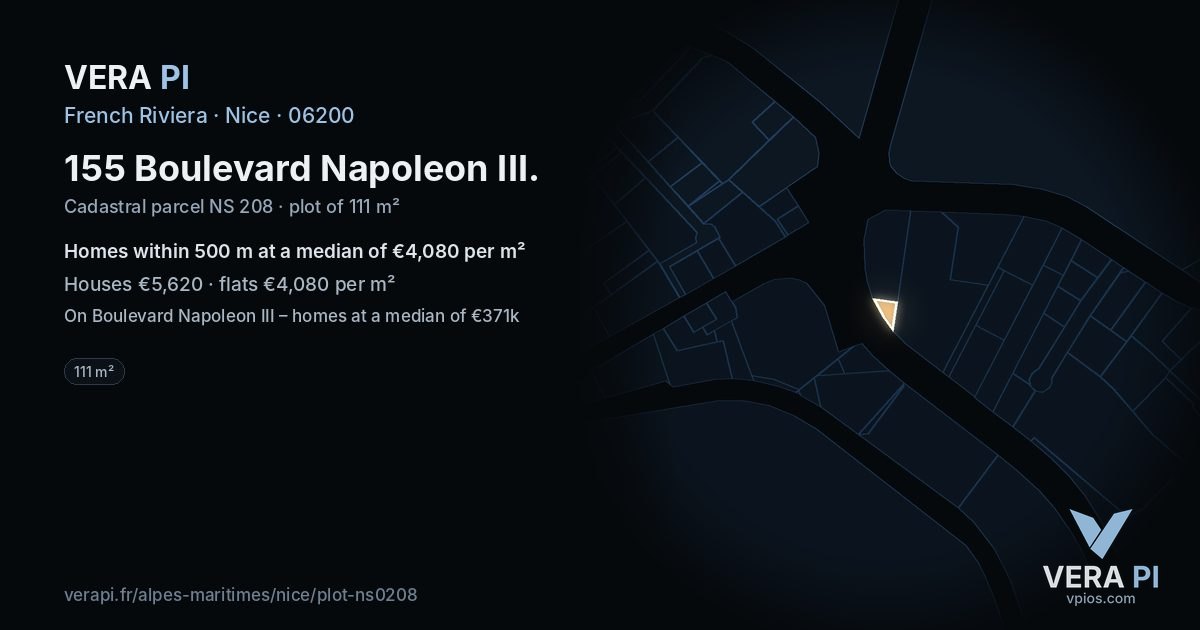 155 Boulevard Napoleon III, Nice at night – the plot lit, the parcels around coloured by the prices near them