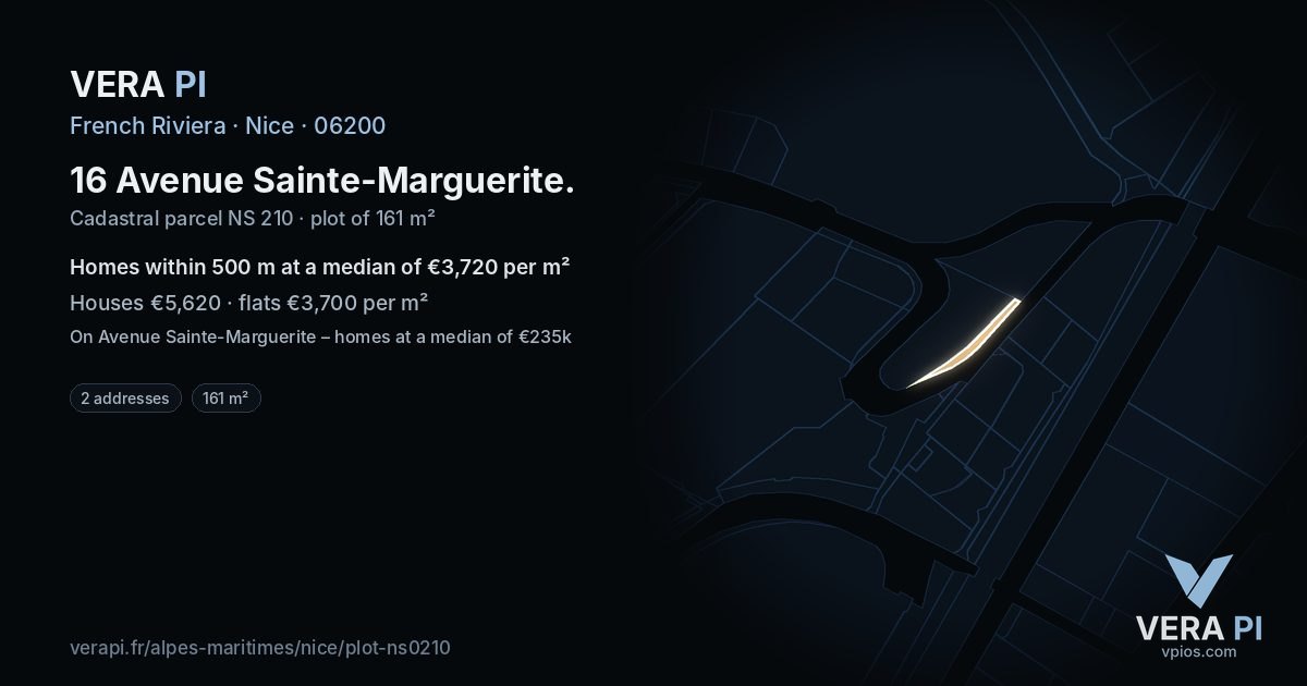 16 Avenue Sainte-Marguerite, Nice at night – the plot lit, the parcels around coloured by the prices near them