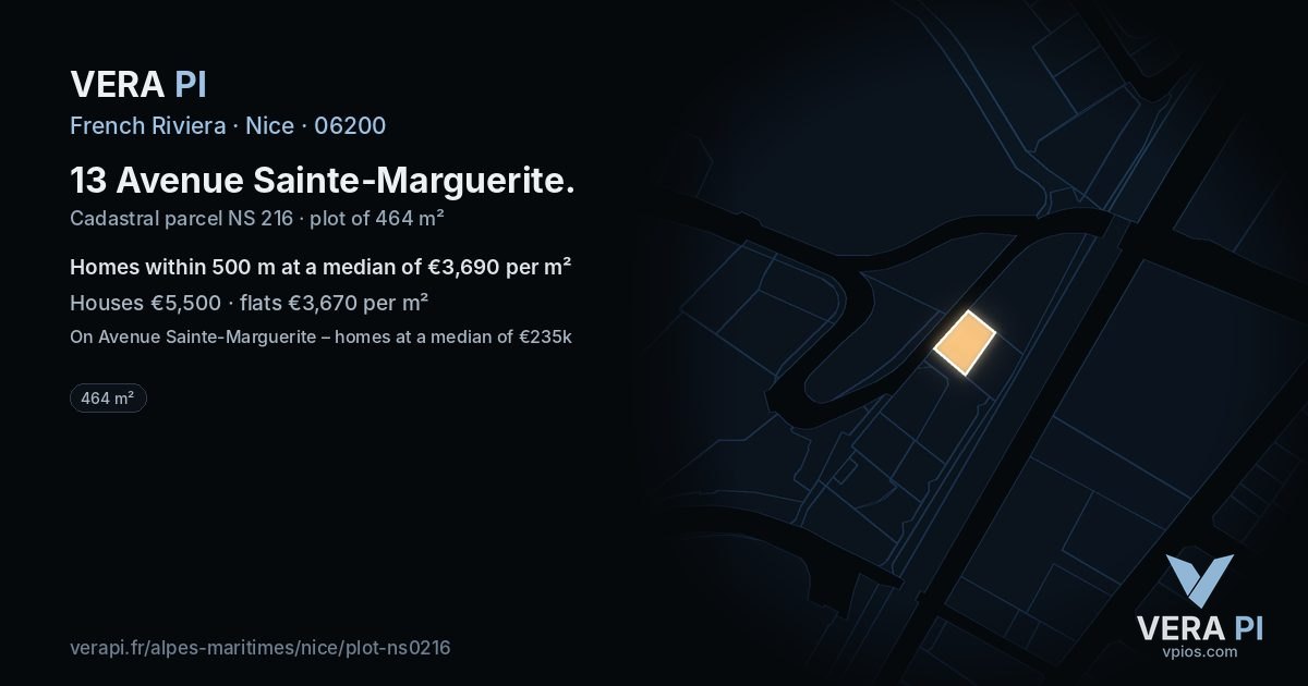 13 Avenue Sainte-Marguerite, Nice at night – the plot lit, the parcels around coloured by the prices near them