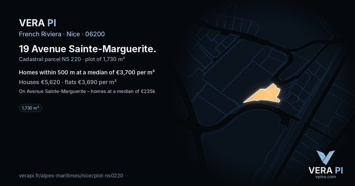 19 Avenue Sainte-Marguerite, Nice at night – the plot lit, the parcels around coloured by the prices near them