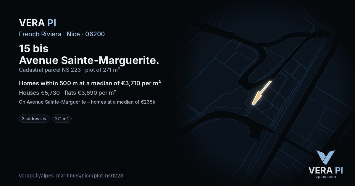 15 bis Avenue Sainte-Marguerite, Nice at night – the plot lit, the parcels around coloured by the prices near them