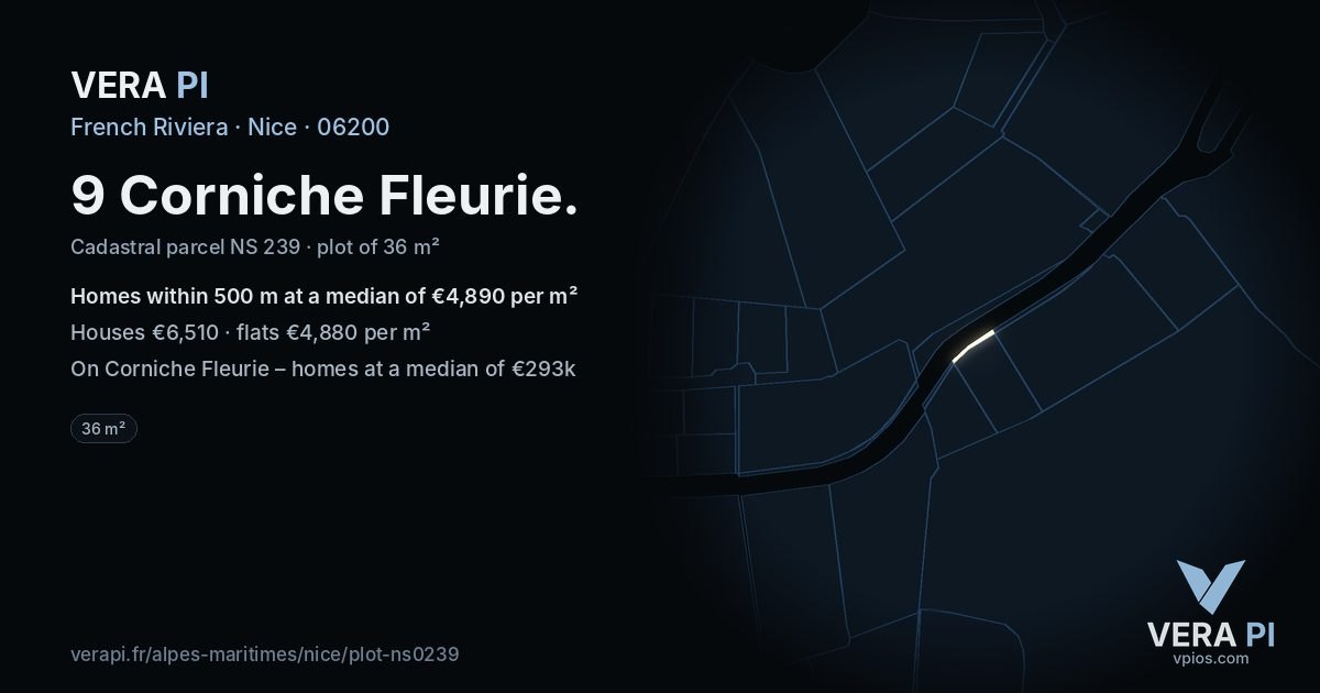 9 Corniche Fleurie, Nice at night – the plot lit, the parcels around coloured by the prices near them