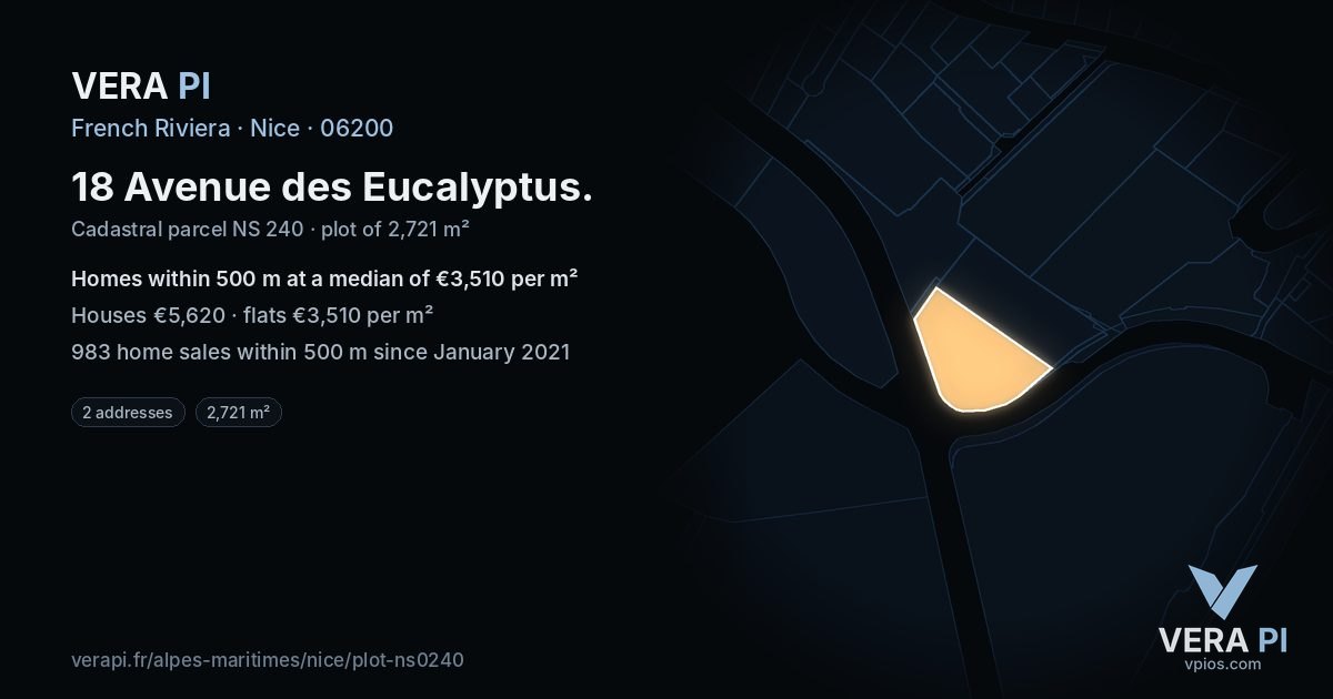 18 Avenue des Eucalyptus, Nice at night – the plot lit, the parcels around coloured by the prices near them