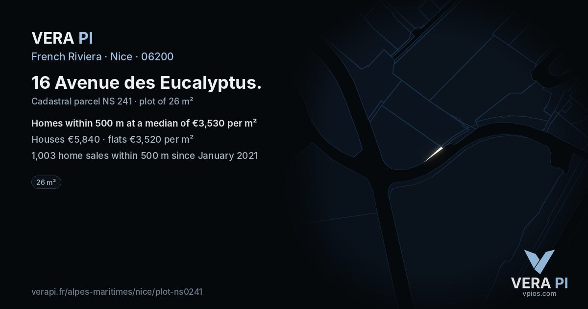 16 Avenue des Eucalyptus, Nice at night – the plot lit, the parcels around coloured by the prices near them