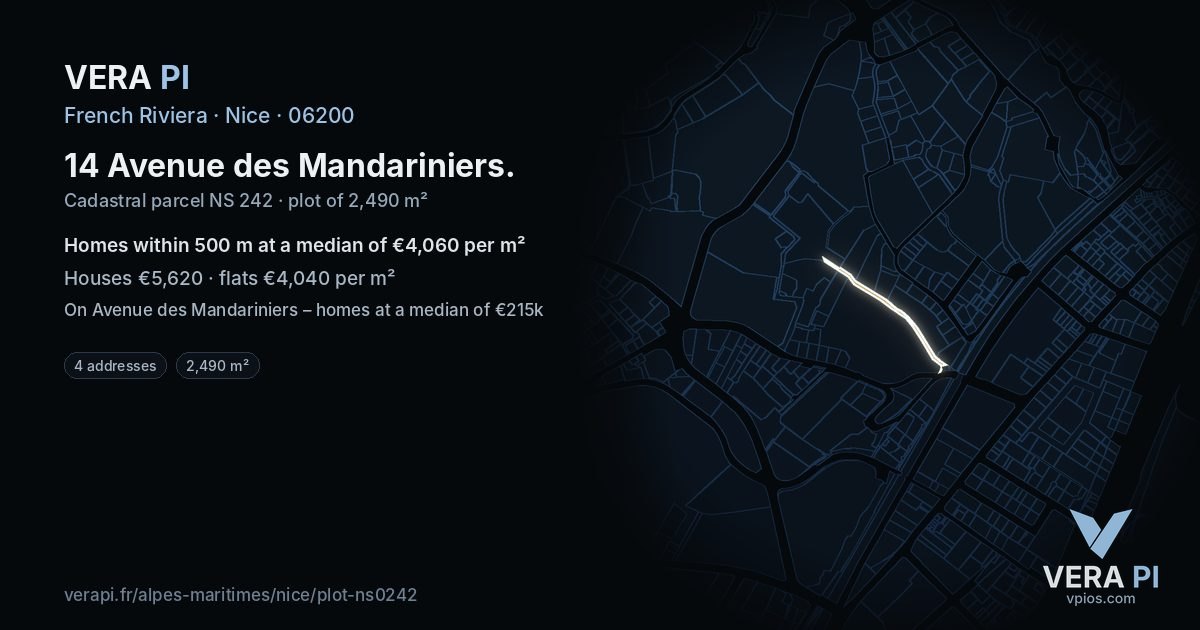 14 Avenue des Mandariniers, Nice at night – the plot lit, the parcels around coloured by the prices near them