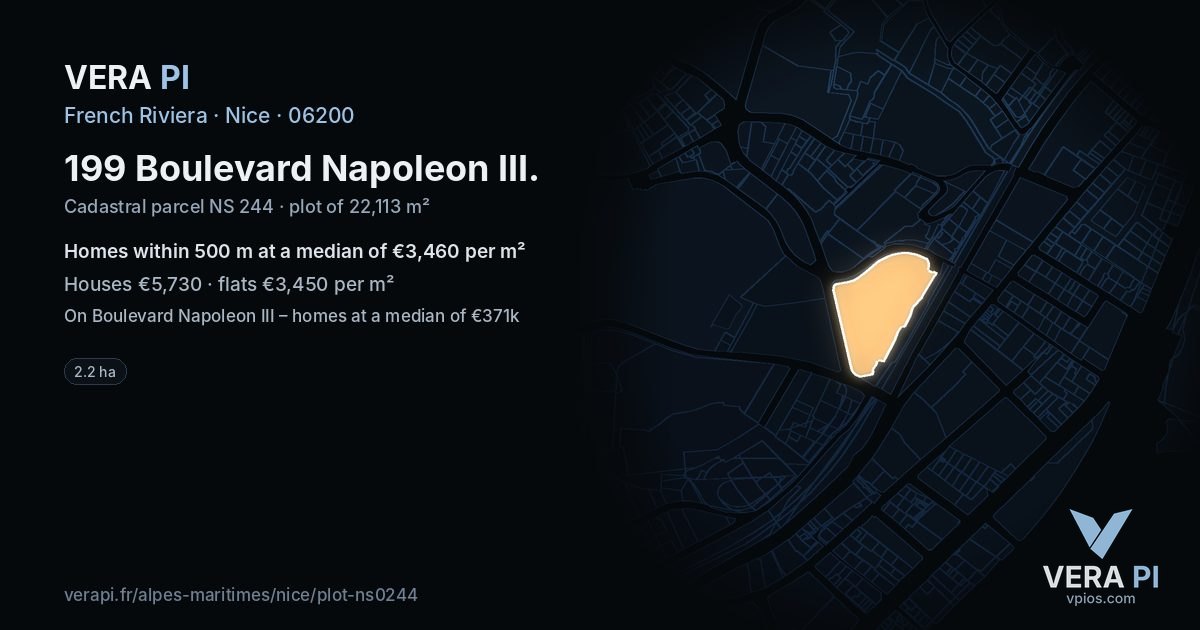 199 Boulevard Napoleon III, Nice at night – the plot lit, the parcels around coloured by the prices near them