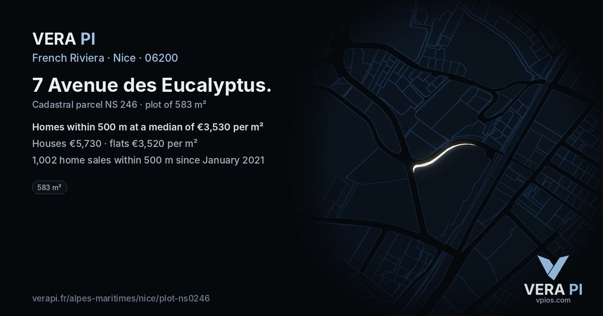 7 Avenue des Eucalyptus, Nice at night – the plot lit, the parcels around coloured by the prices near them