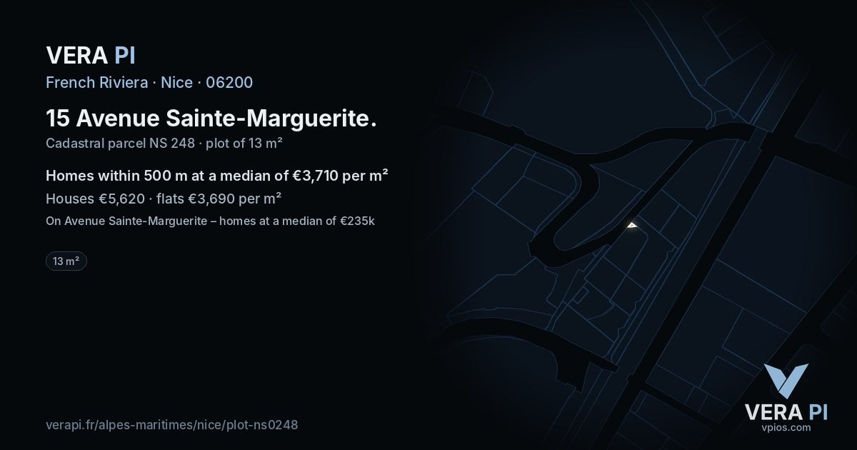 15 Avenue Sainte-Marguerite, Nice at night – the plot lit, the parcels around coloured by the prices near them