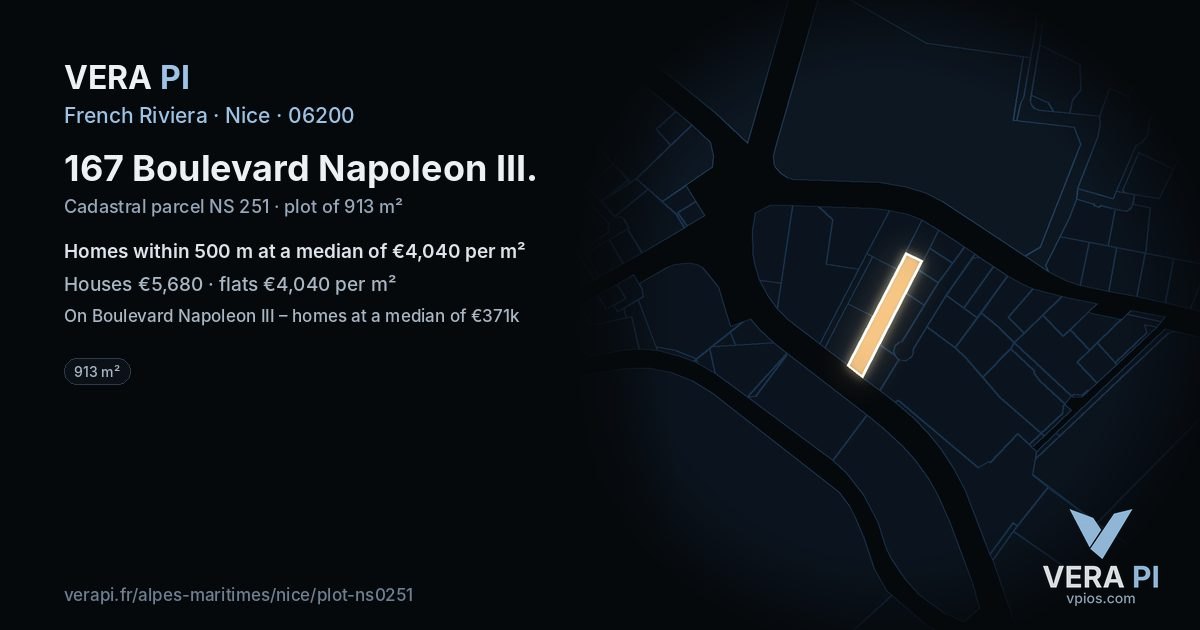 167 Boulevard Napoleon III, Nice at night – the plot lit, the parcels around coloured by the prices near them