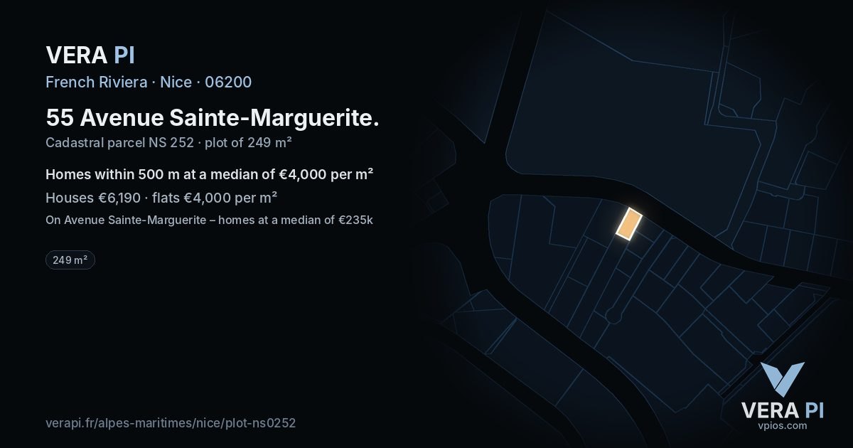 55 Avenue Sainte-Marguerite, Nice at night – the plot lit, the parcels around coloured by the prices near them