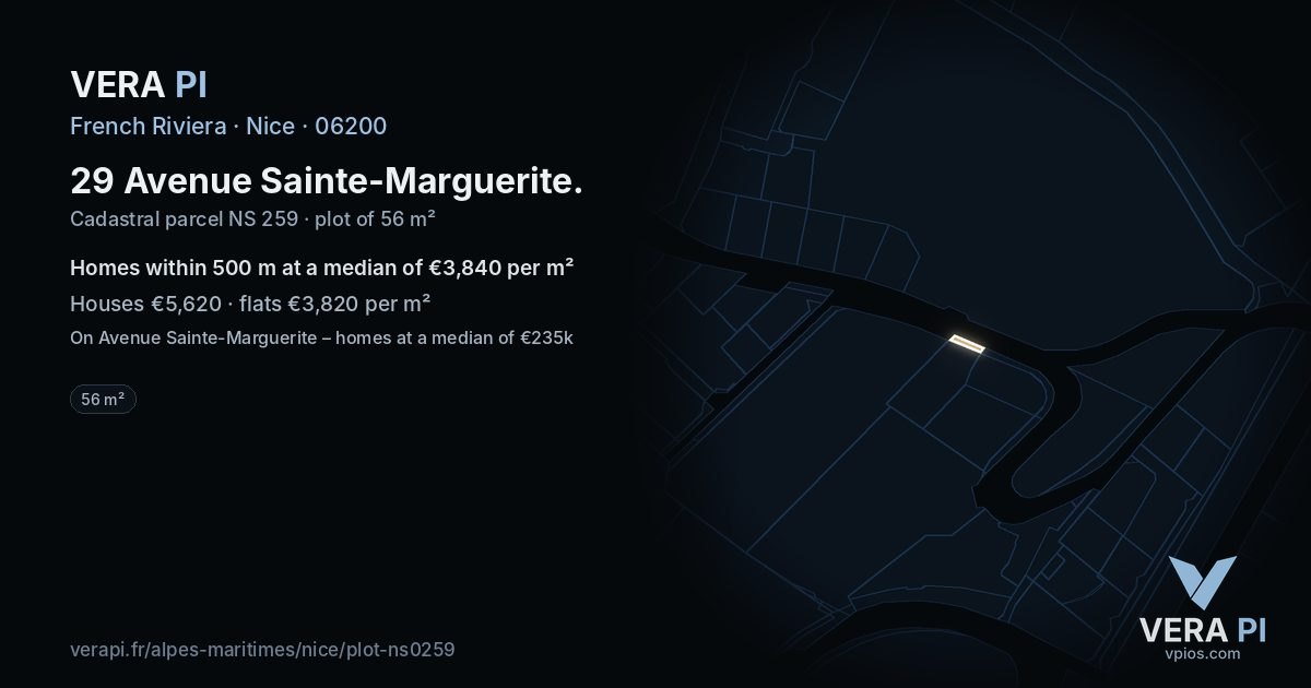 29 Avenue Sainte-Marguerite, Nice at night – the plot lit, the parcels around coloured by the prices near them
