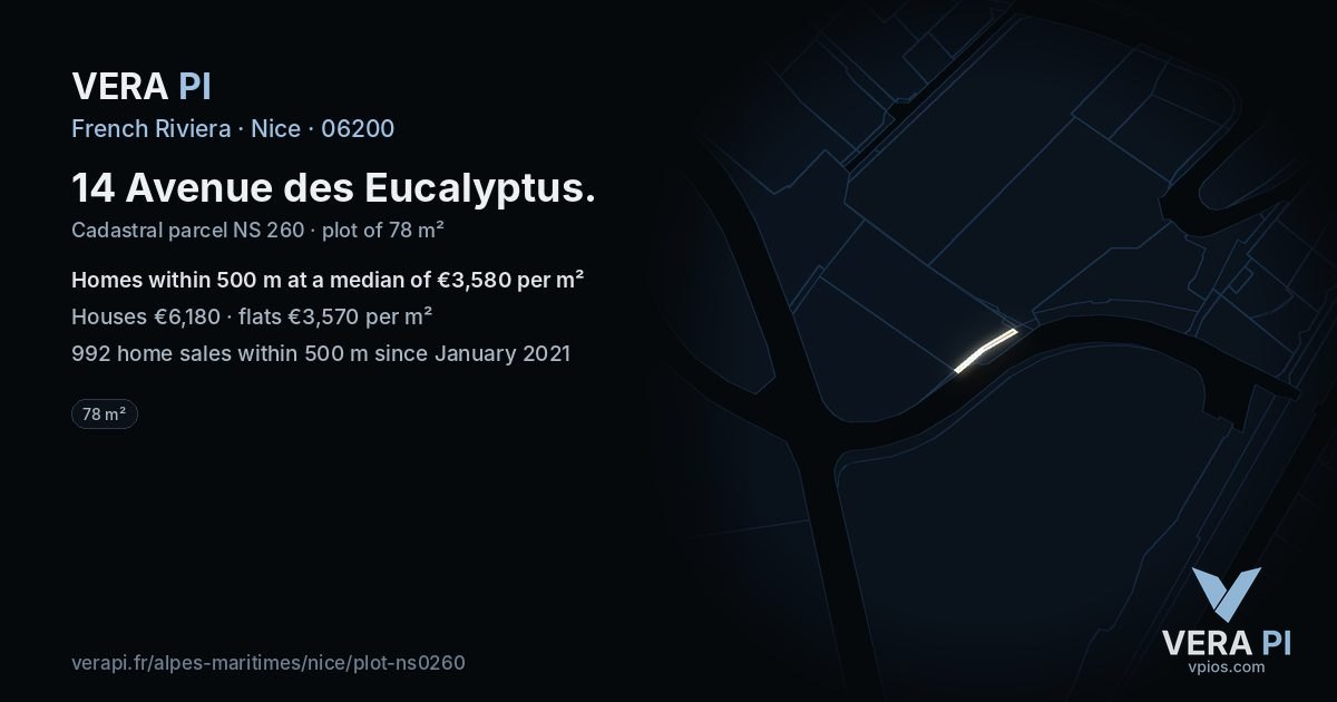 14 Avenue des Eucalyptus, Nice at night – the plot lit, the parcels around coloured by the prices near them