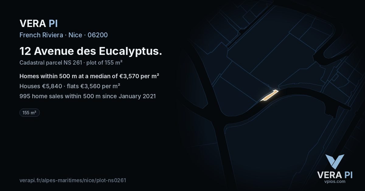 12 Avenue des Eucalyptus, Nice at night – the plot lit, the parcels around coloured by the prices near them