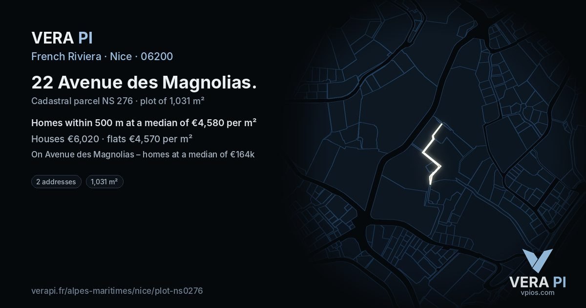 22 Avenue des Magnolias, Nice at night – the plot lit, the parcels around coloured by the prices near them