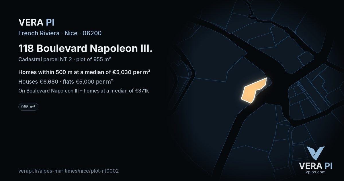 118 Boulevard Napoleon III, Nice at night – the plot lit, the parcels around coloured by the prices near them