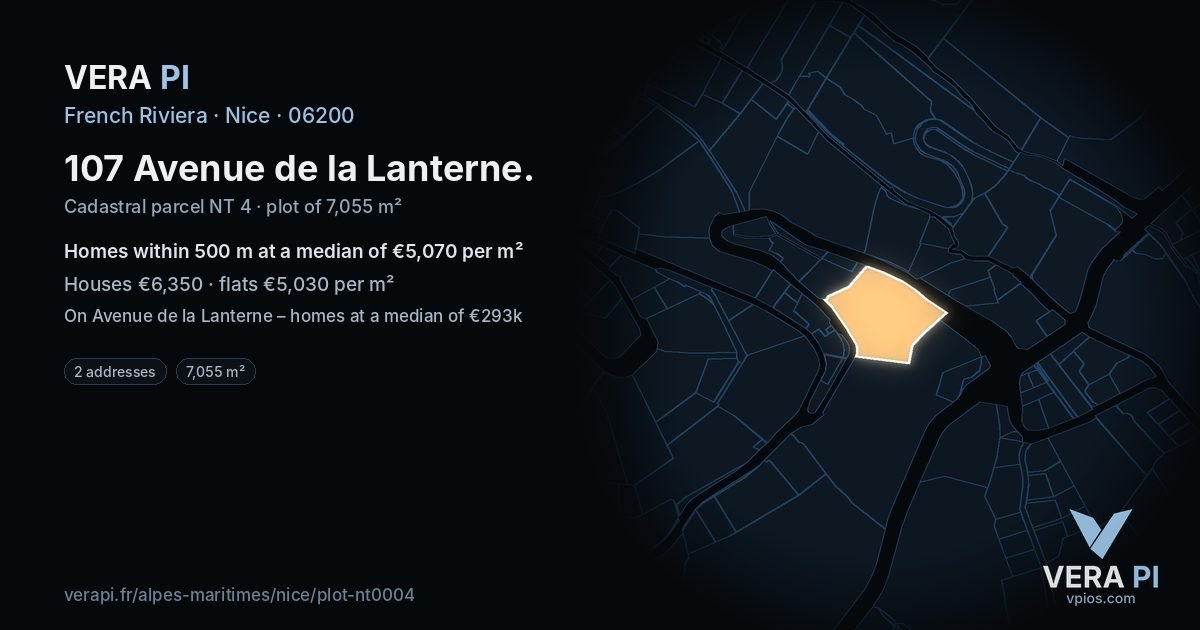 107 Avenue de la Lanterne, Nice at night – the plot lit, the parcels around coloured by the prices near them
