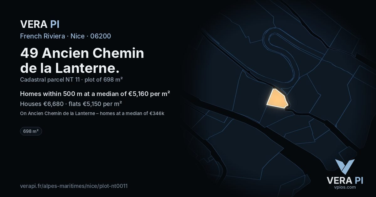 49 Ancien Chemin de la Lanterne, Nice at night – the plot lit, the parcels around coloured by the prices near them