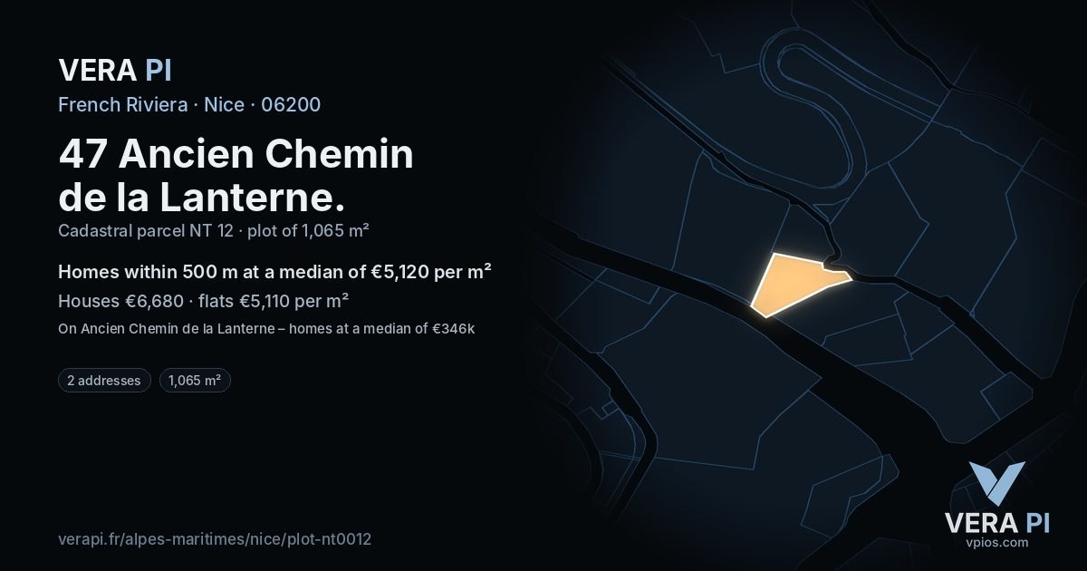 47 Ancien Chemin de la Lanterne, Nice at night – the plot lit, the parcels around coloured by the prices near them