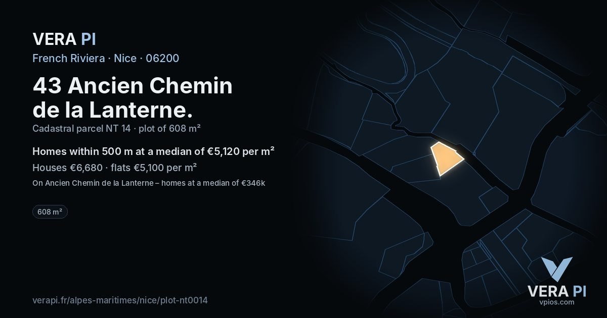 43 Ancien Chemin de la Lanterne, Nice at night – the plot lit, the parcels around coloured by the prices near them