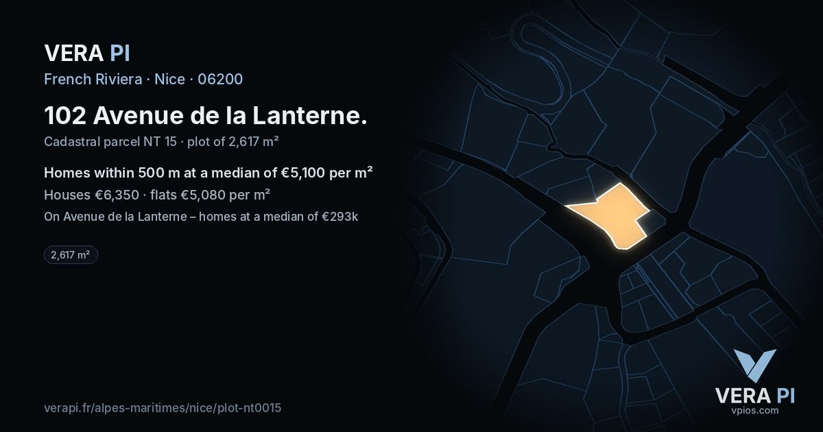 102 Avenue de la Lanterne, Nice at night – the plot lit, the parcels around coloured by the prices near them