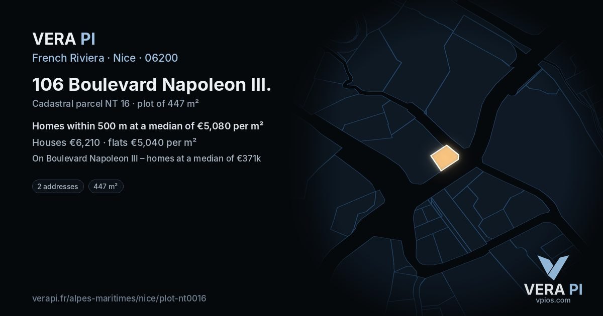 106 Boulevard Napoleon III, Nice at night – the plot lit, the parcels around coloured by the prices near them