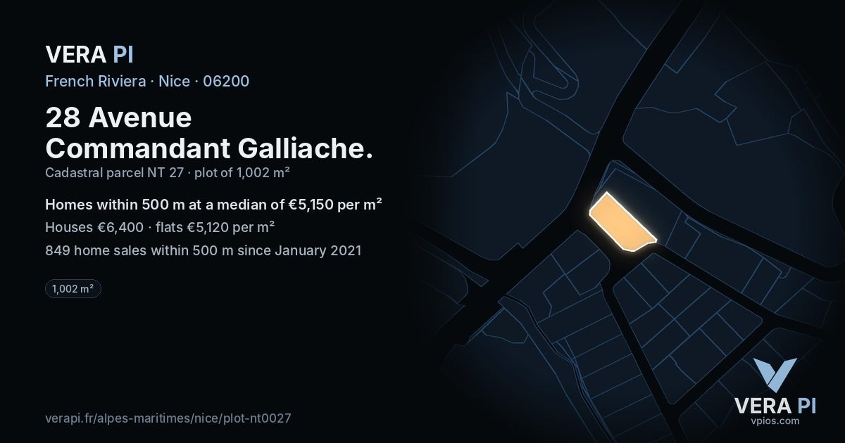 28 Avenue Commandant Galliache, Nice at night – the plot lit, the parcels around coloured by the prices near them