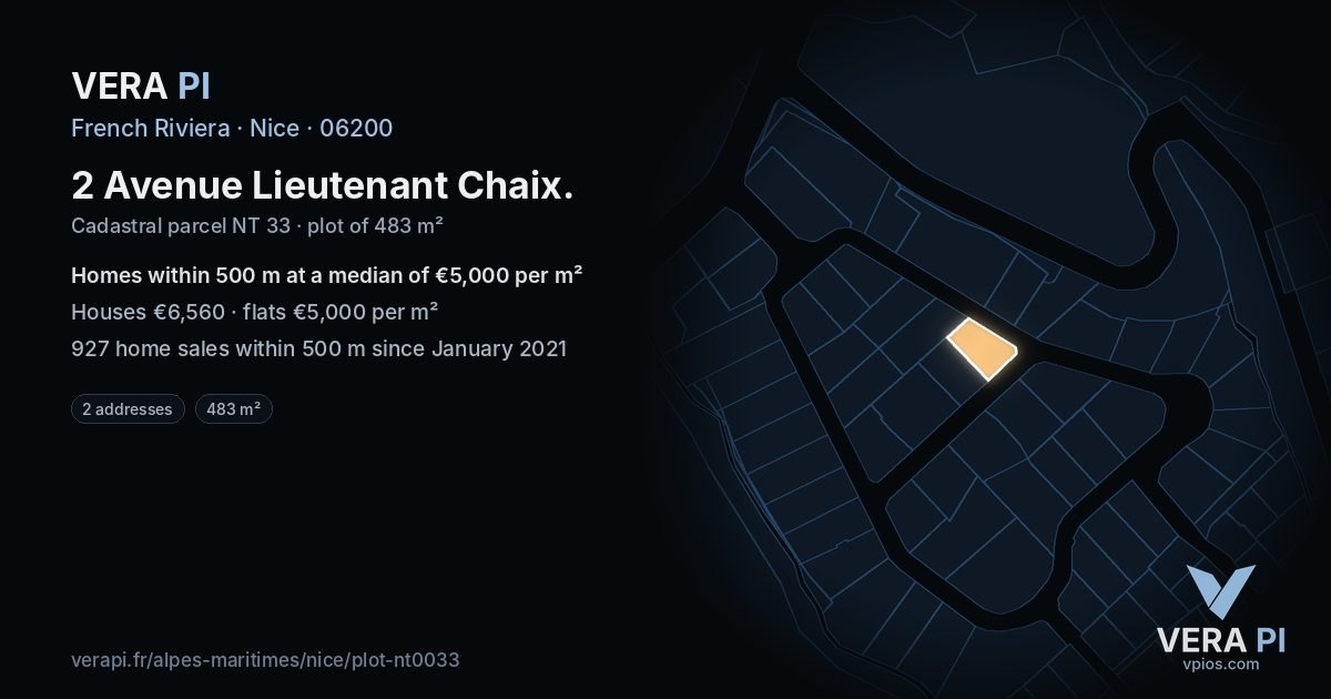 2 Avenue Lieutenant Chaix, Nice at night – the plot lit, the parcels around coloured by the prices near them