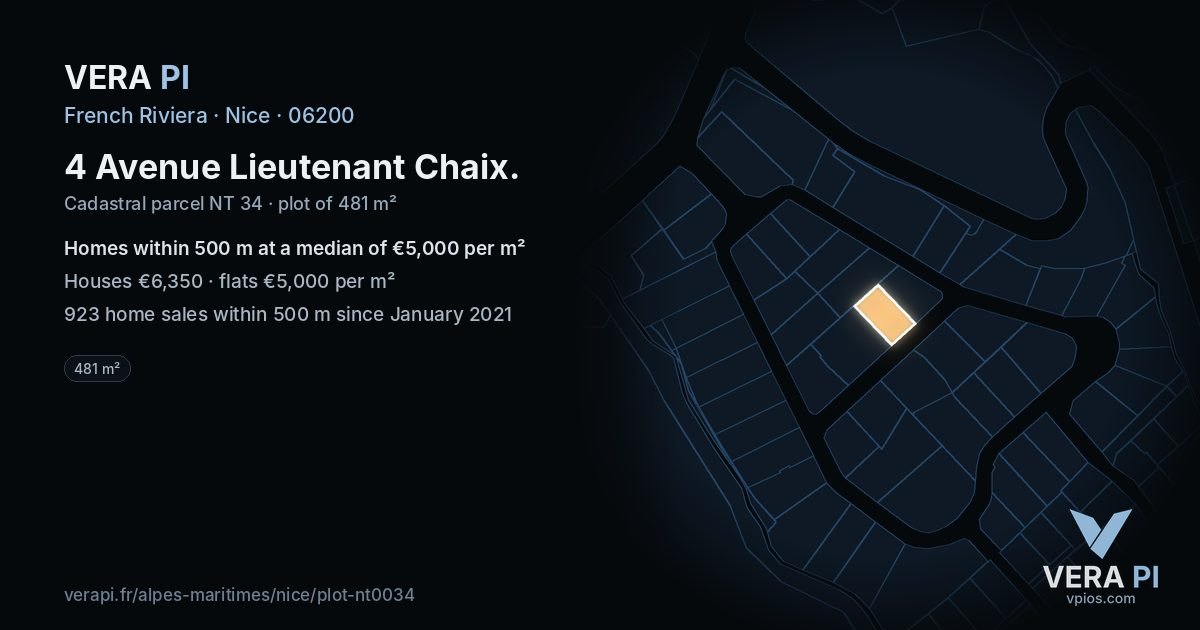4 Avenue Lieutenant Chaix, Nice at night – the plot lit, the parcels around coloured by the prices near them
