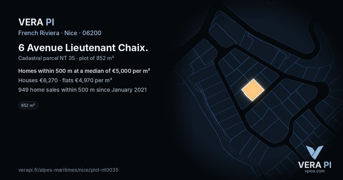 6 Avenue Lieutenant Chaix, Nice at night – the plot lit, the parcels around coloured by the prices near them